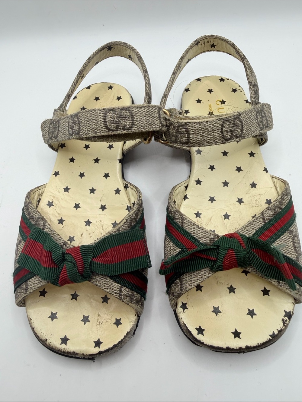 Gucci Beige Monogram Bow Sandals with Green & Red Stripes